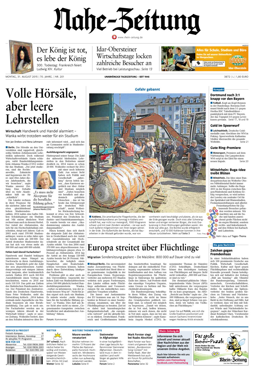 Nahe-Zeitung vom Montag, 31.08.2015