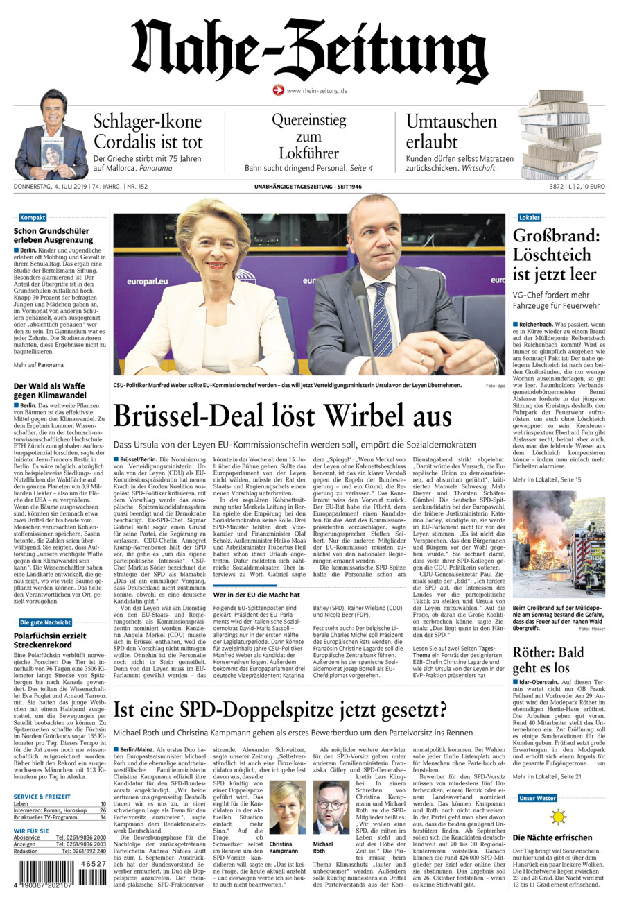 Nahe-Zeitung vom Donnerstag, 04.07.2019