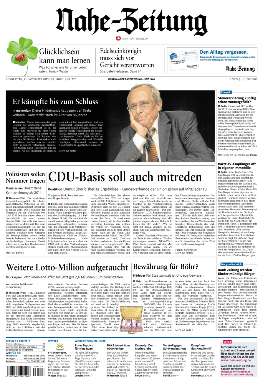 Nahe-Zeitung vom Donnerstag, 21.11.2013
