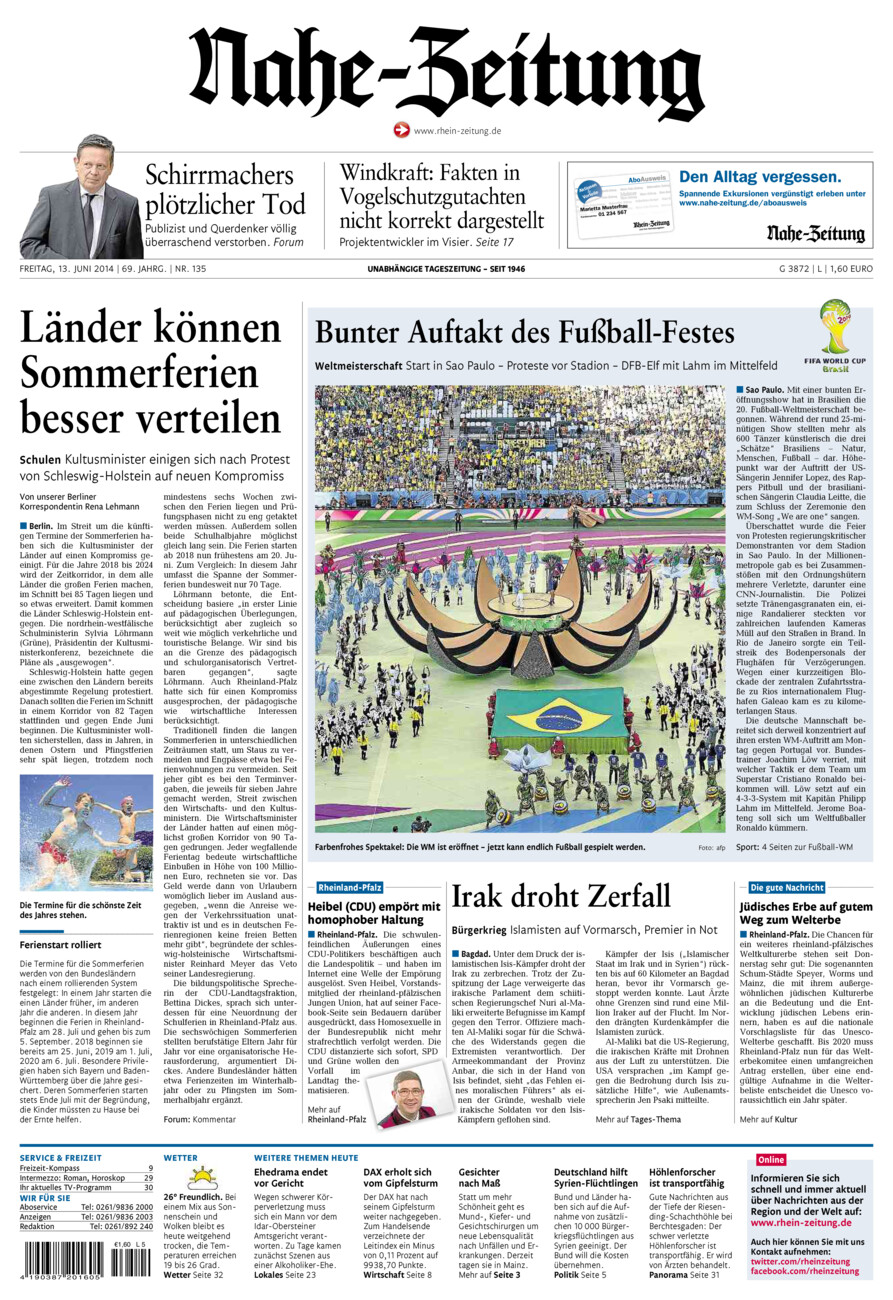 Nahe-Zeitung vom Freitag, 13.06.2014