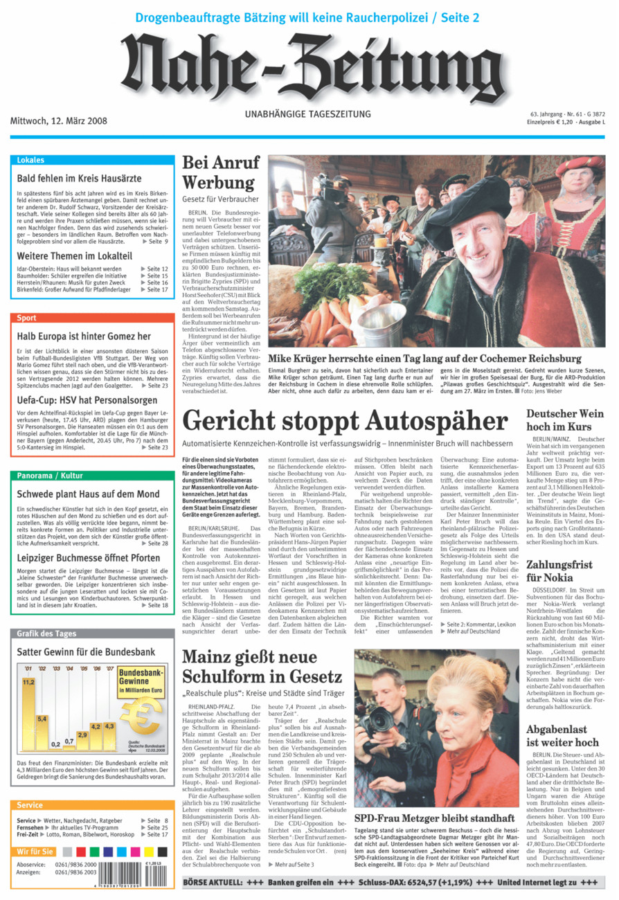 Nahe-Zeitung vom Mittwoch, 12.03.2008