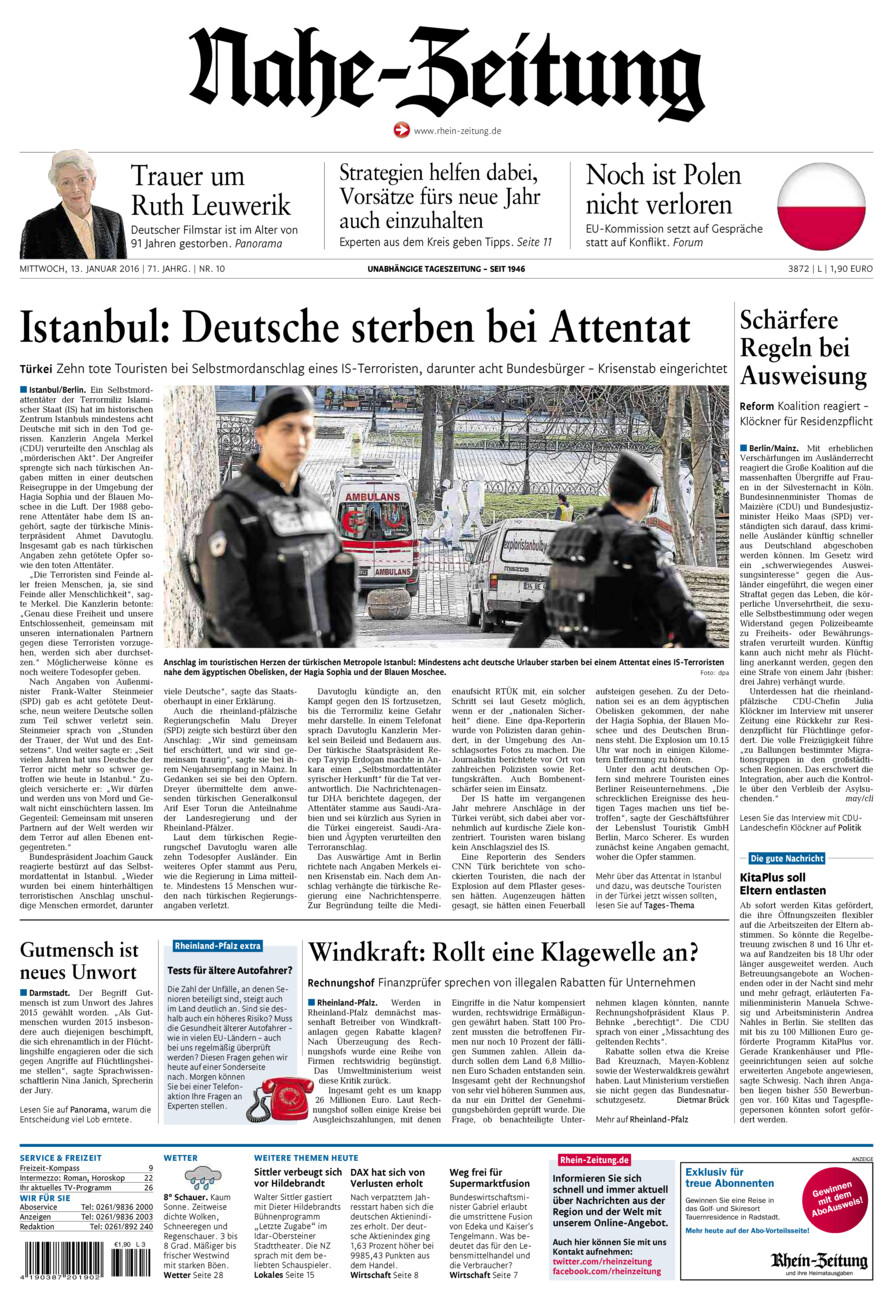 Nahe-Zeitung vom Mittwoch, 13.01.2016
