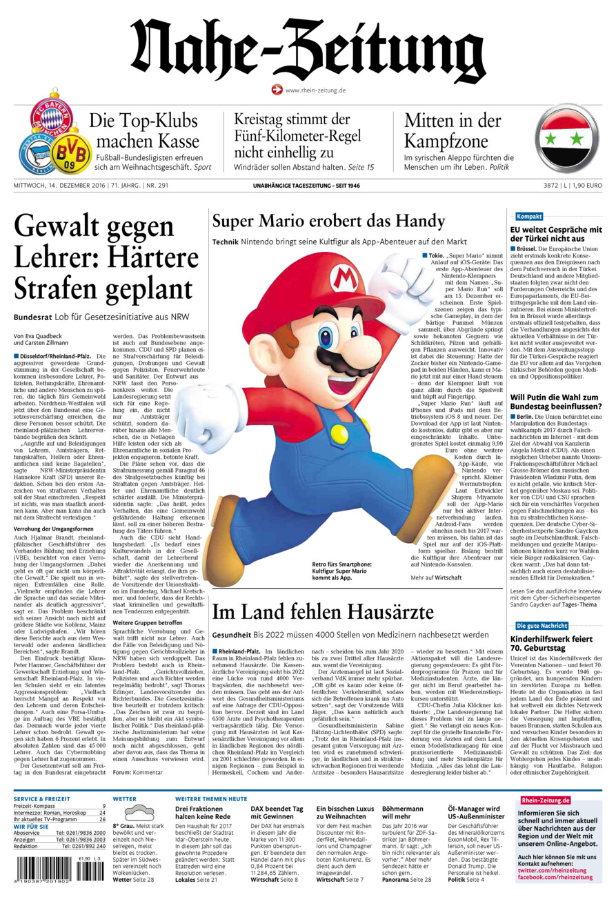 Nahe-Zeitung vom Mittwoch, 14.12.2016