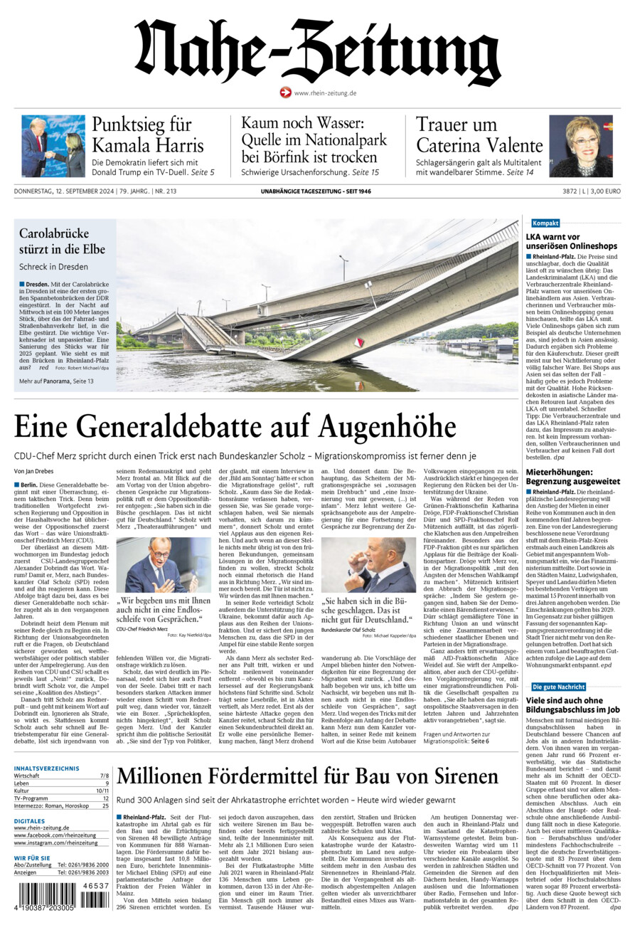 Nahe-Zeitung vom Donnerstag, 12.09.2024