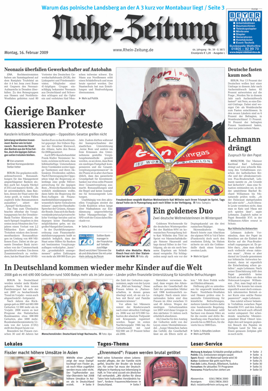 Nahe-Zeitung vom Montag, 16.02.2009