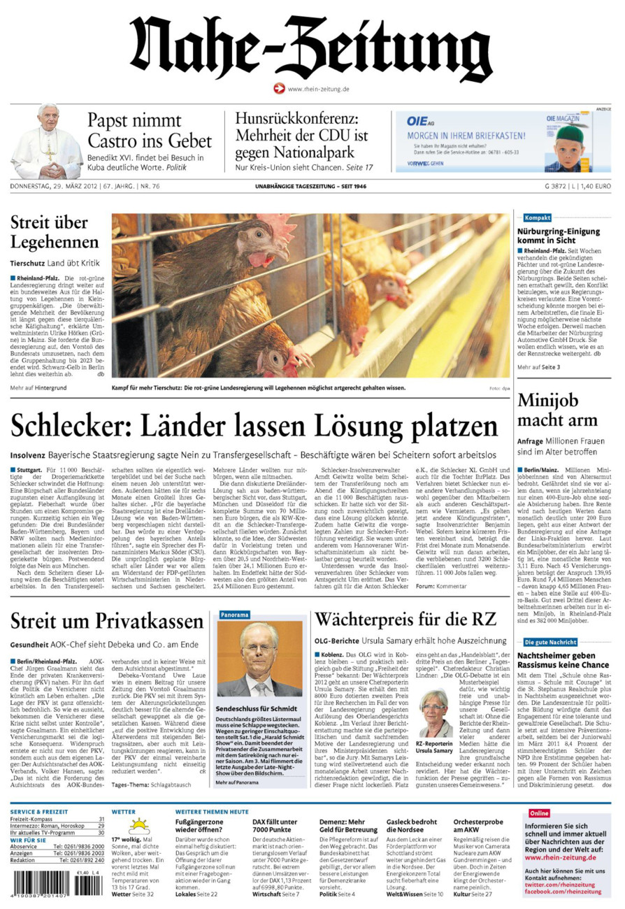 Nahe-Zeitung vom Donnerstag, 29.03.2012