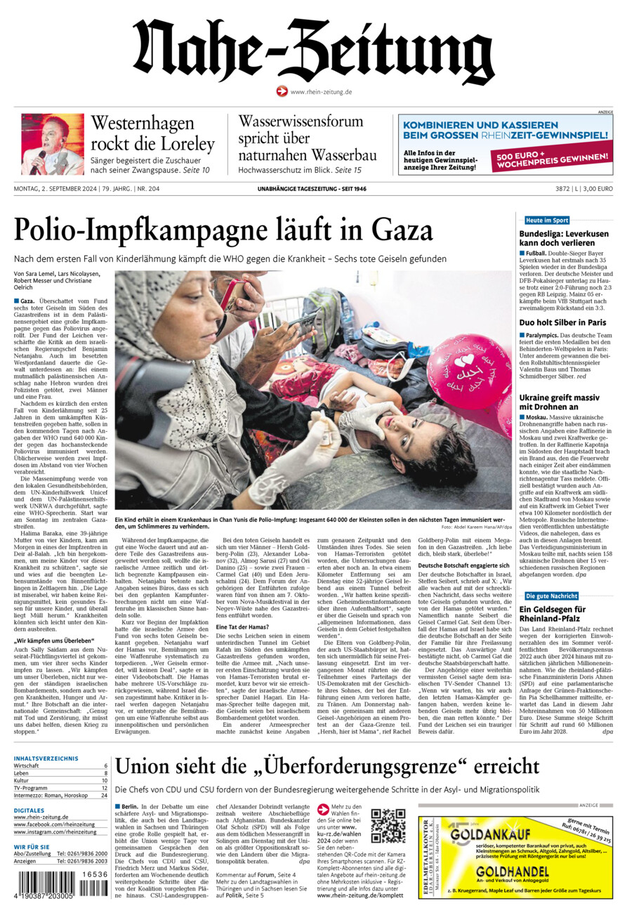 Nahe-Zeitung vom Montag, 02.09.2024