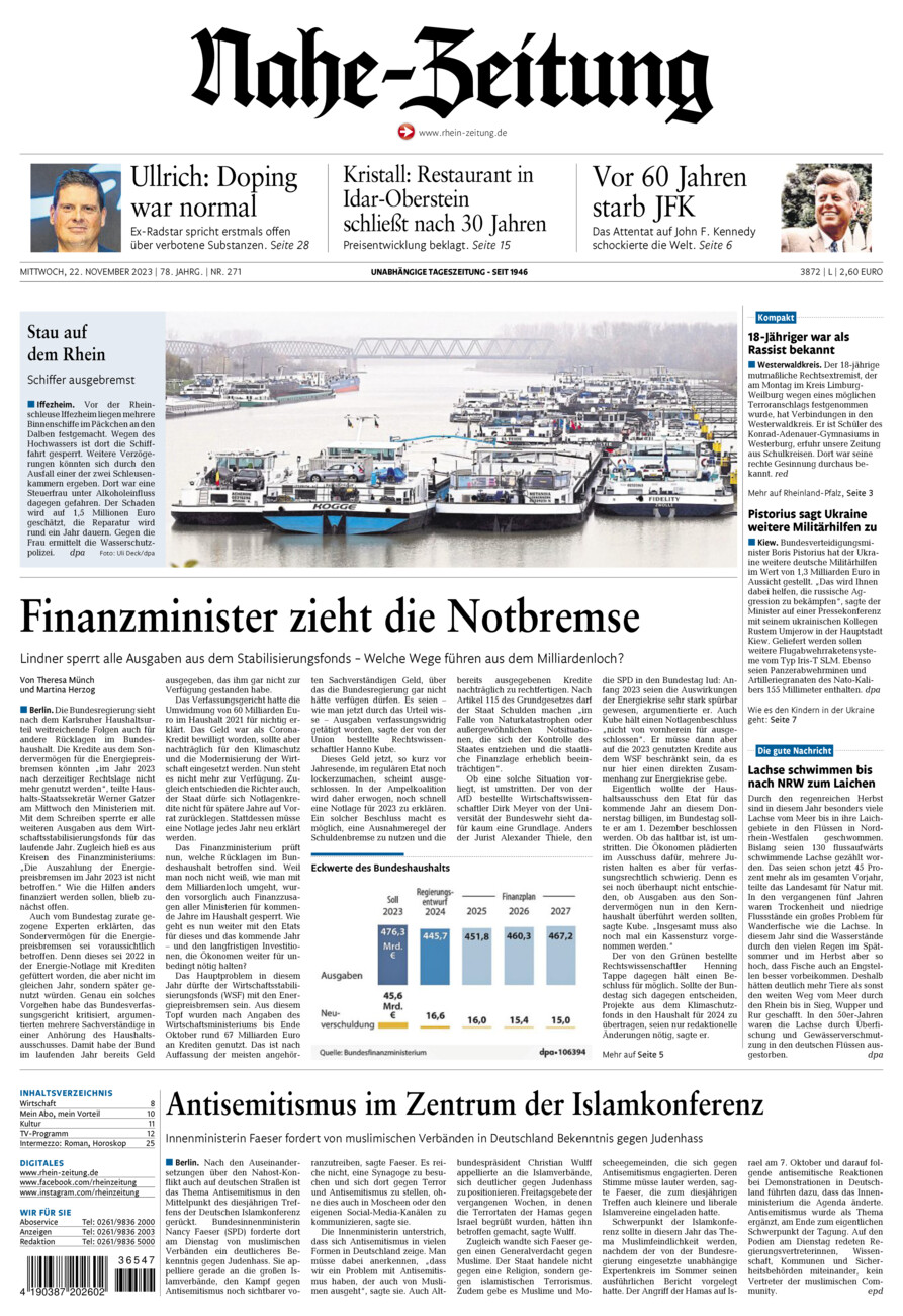 Nahe-Zeitung vom Mittwoch, 22.11.2023