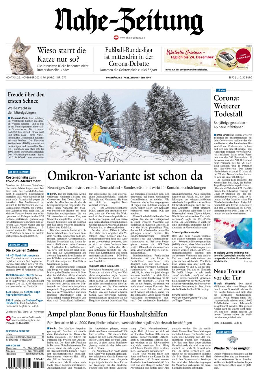 Nahe-Zeitung vom Montag, 29.11.2021