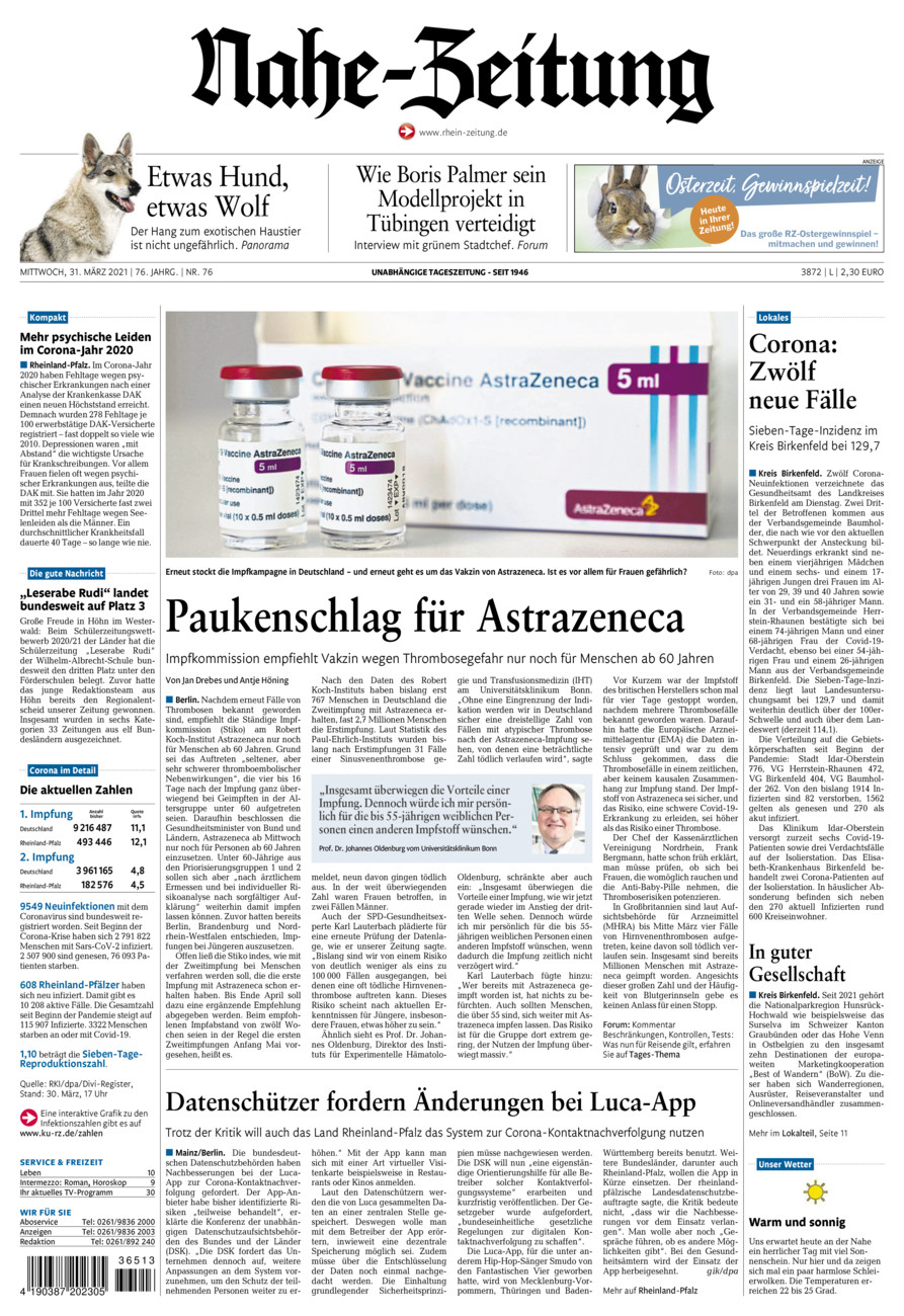 Nahe-Zeitung vom Mittwoch, 31.03.2021
