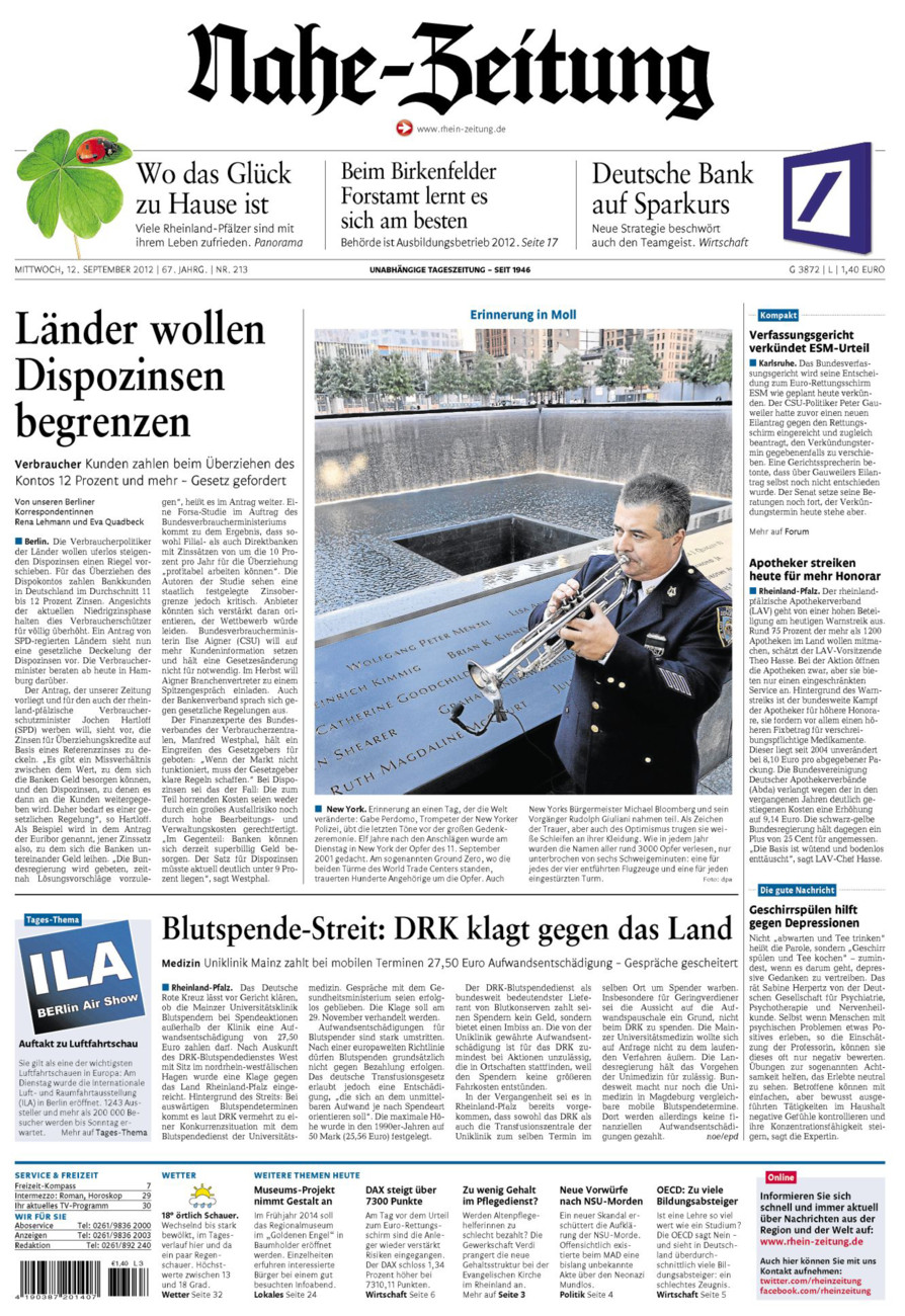 Nahe-Zeitung vom Mittwoch, 12.09.2012