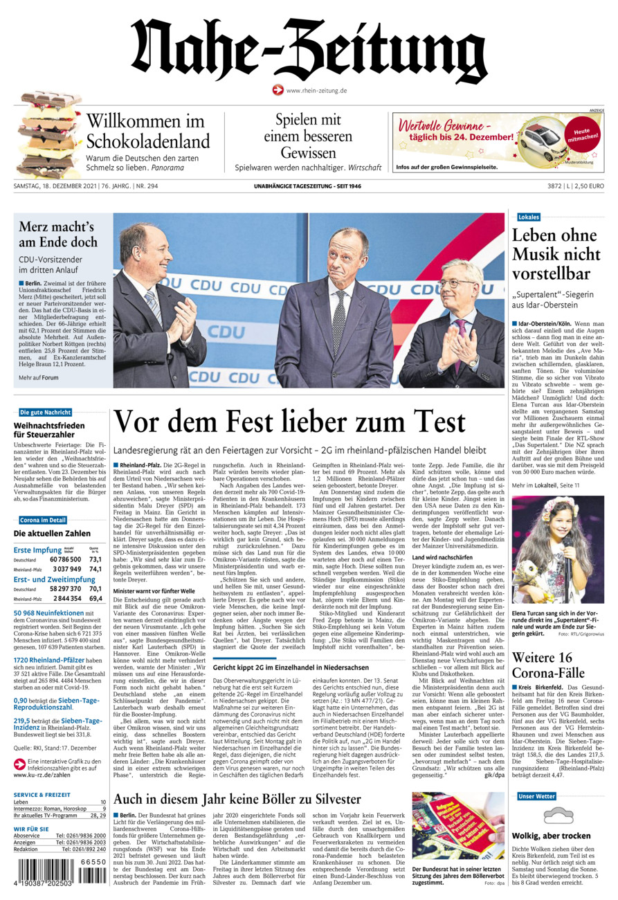 Nahe-Zeitung vom Samstag, 18.12.2021