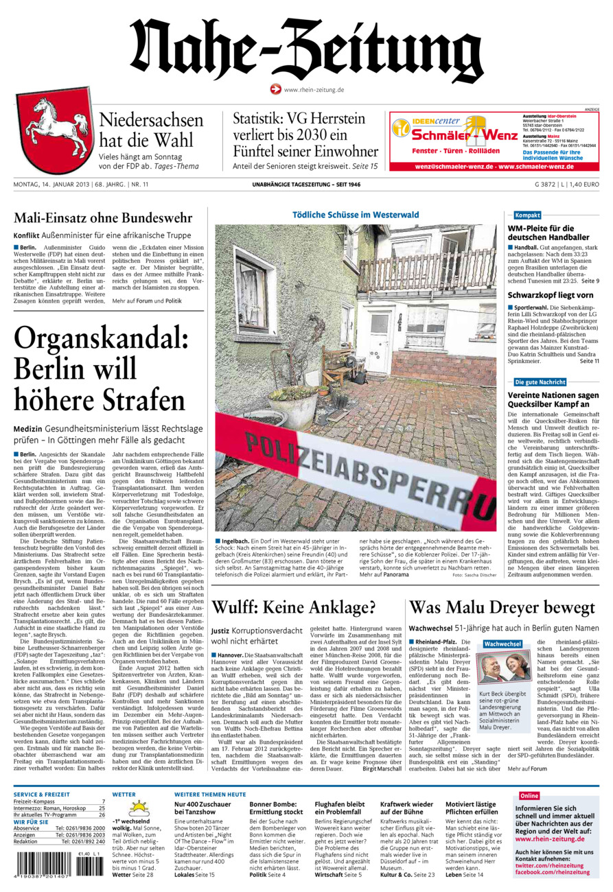 Nahe-Zeitung vom Montag, 14.01.2013