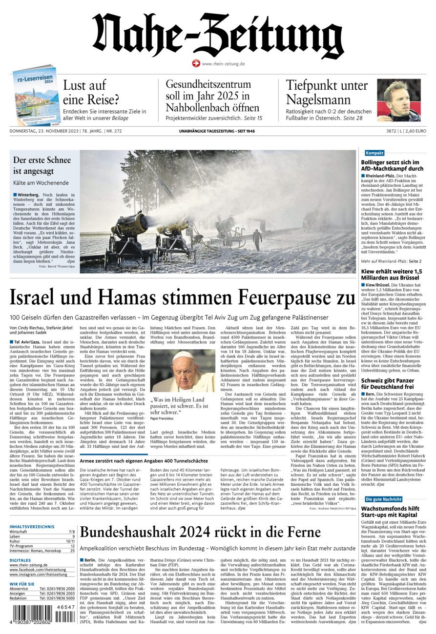 Nahe-Zeitung vom Donnerstag, 23.11.2023
