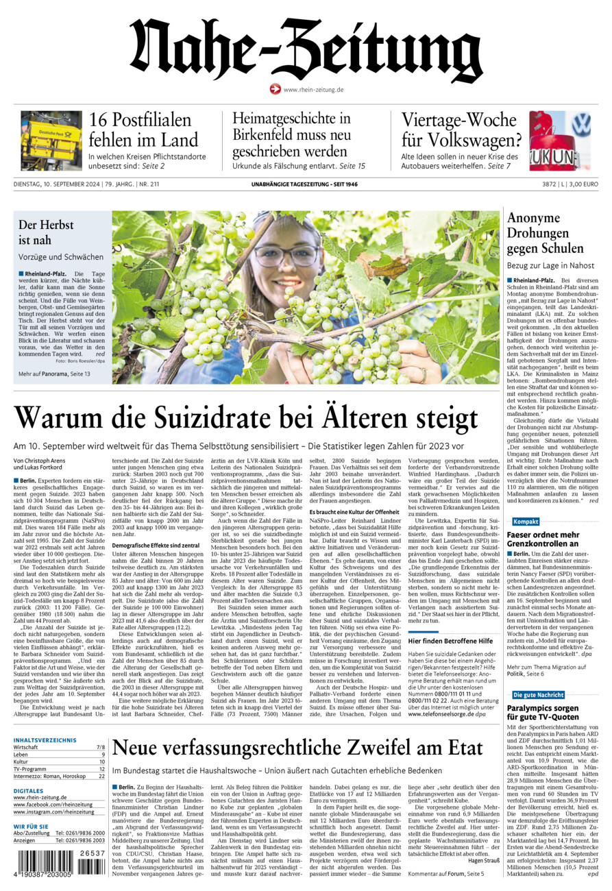 Nahe-Zeitung vom Dienstag, 10.09.2024