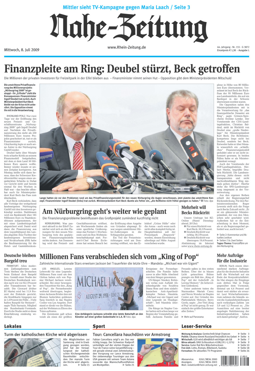 Nahe-Zeitung vom Mittwoch, 08.07.2009