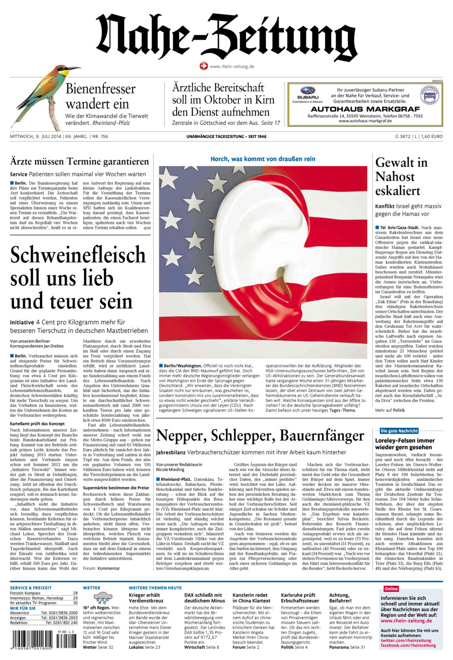 Nahe-Zeitung vom Mittwoch, 09.07.2014