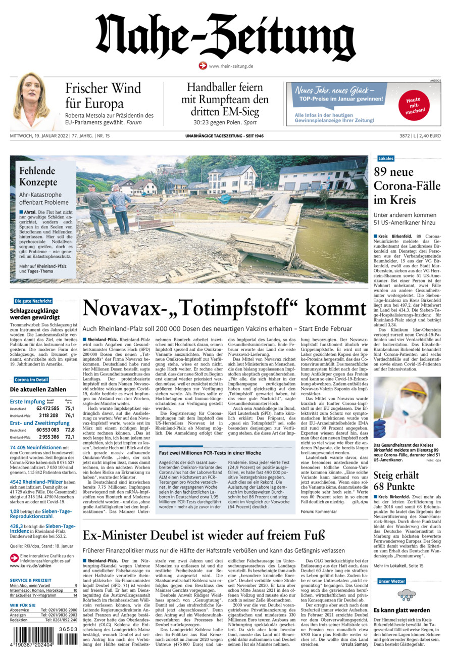 Nahe-Zeitung vom Mittwoch, 19.01.2022