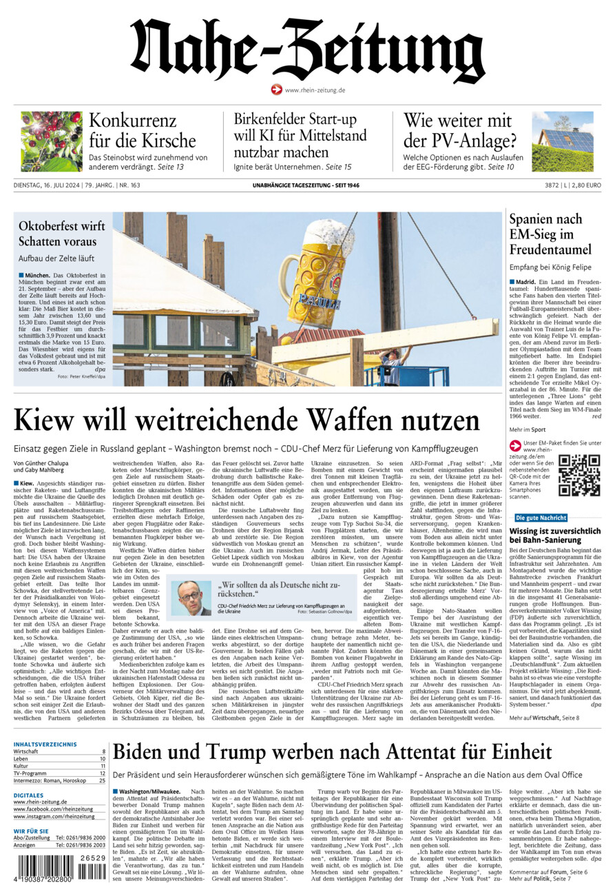 Nahe-Zeitung vom Dienstag, 16.07.2024