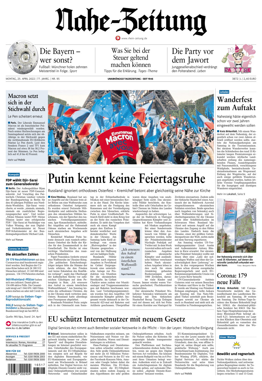 Nahe-Zeitung vom Montag, 25.04.2022
