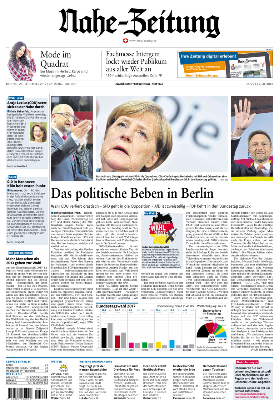 Nahe-Zeitung vom Montag, 25.09.2017