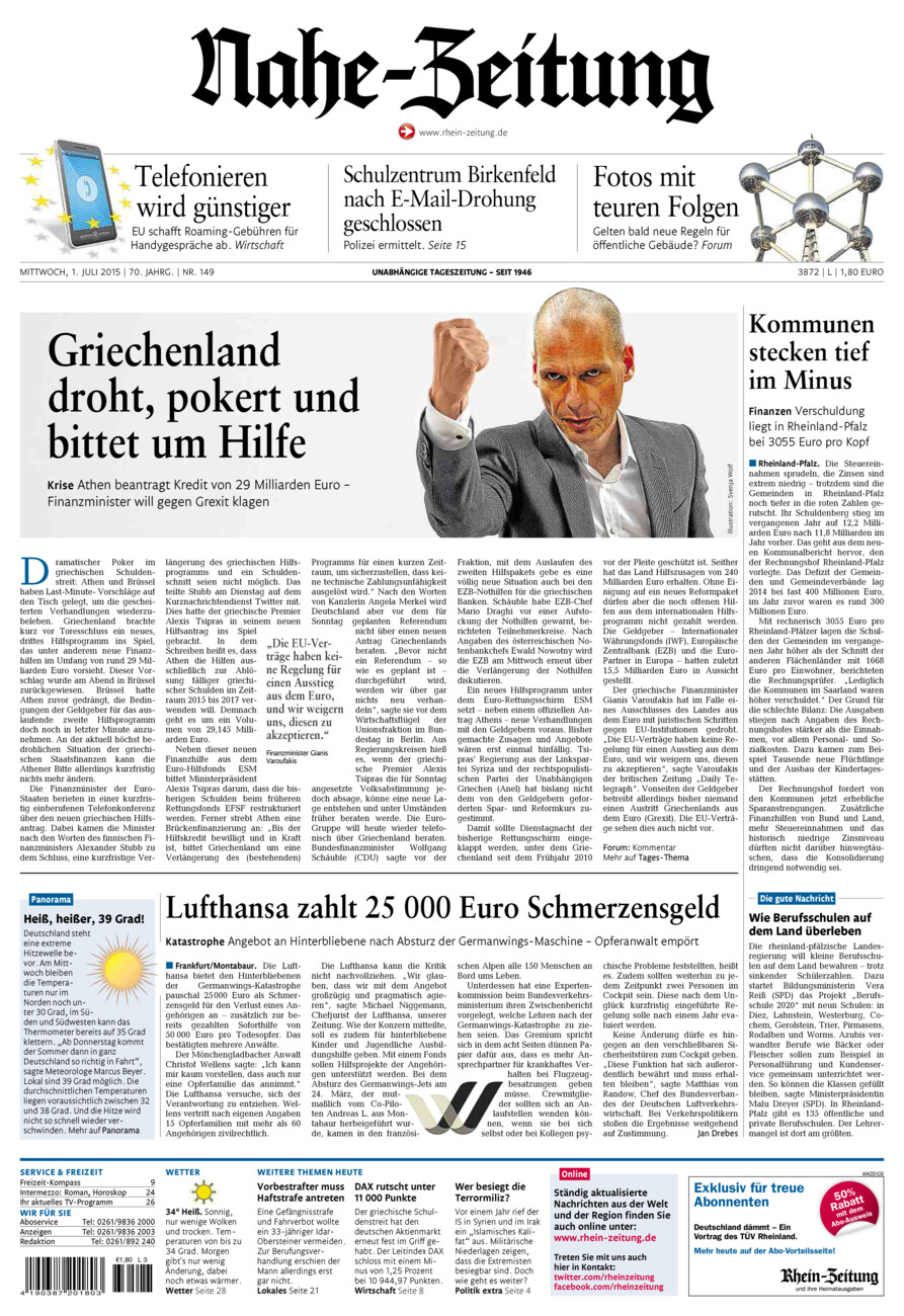 Nahe-Zeitung vom Mittwoch, 01.07.2015
