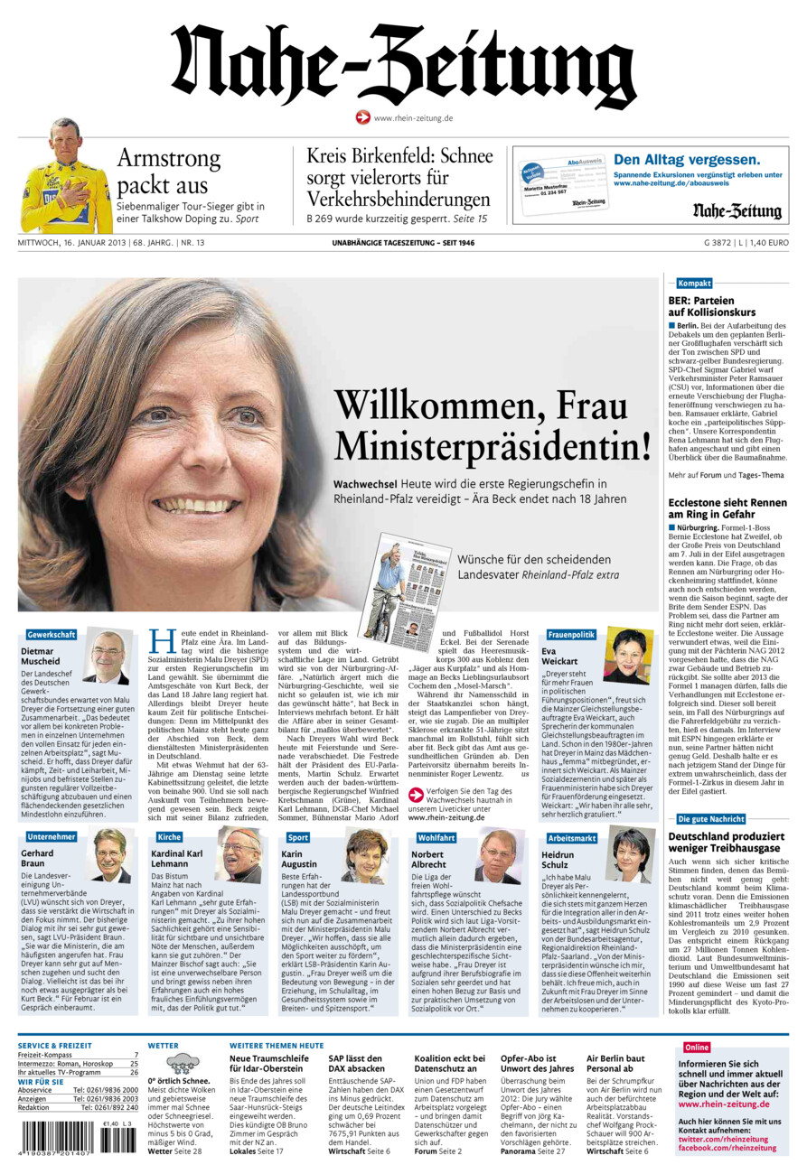 Nahe-Zeitung vom Mittwoch, 16.01.2013