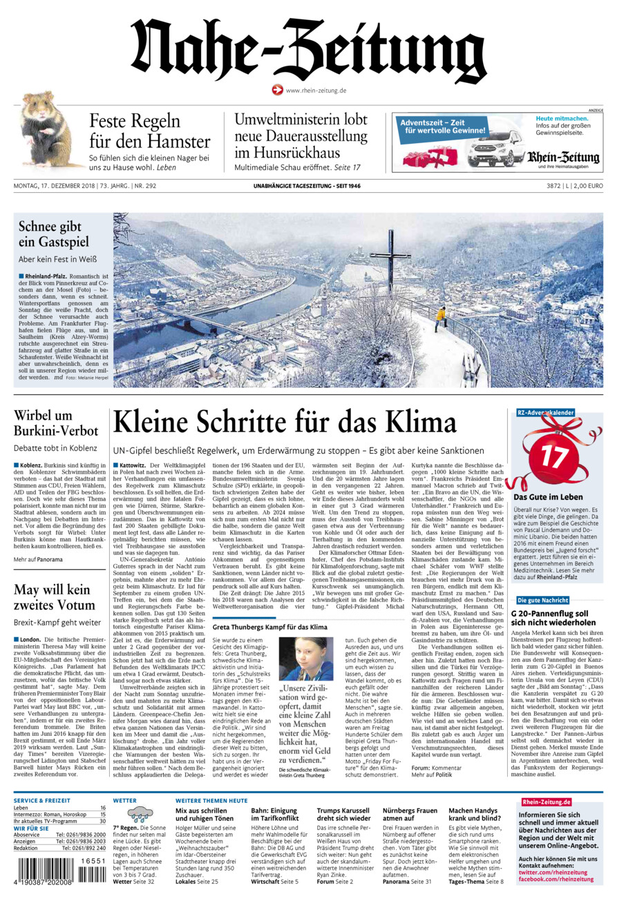 Nahe-Zeitung vom Montag, 17.12.2018