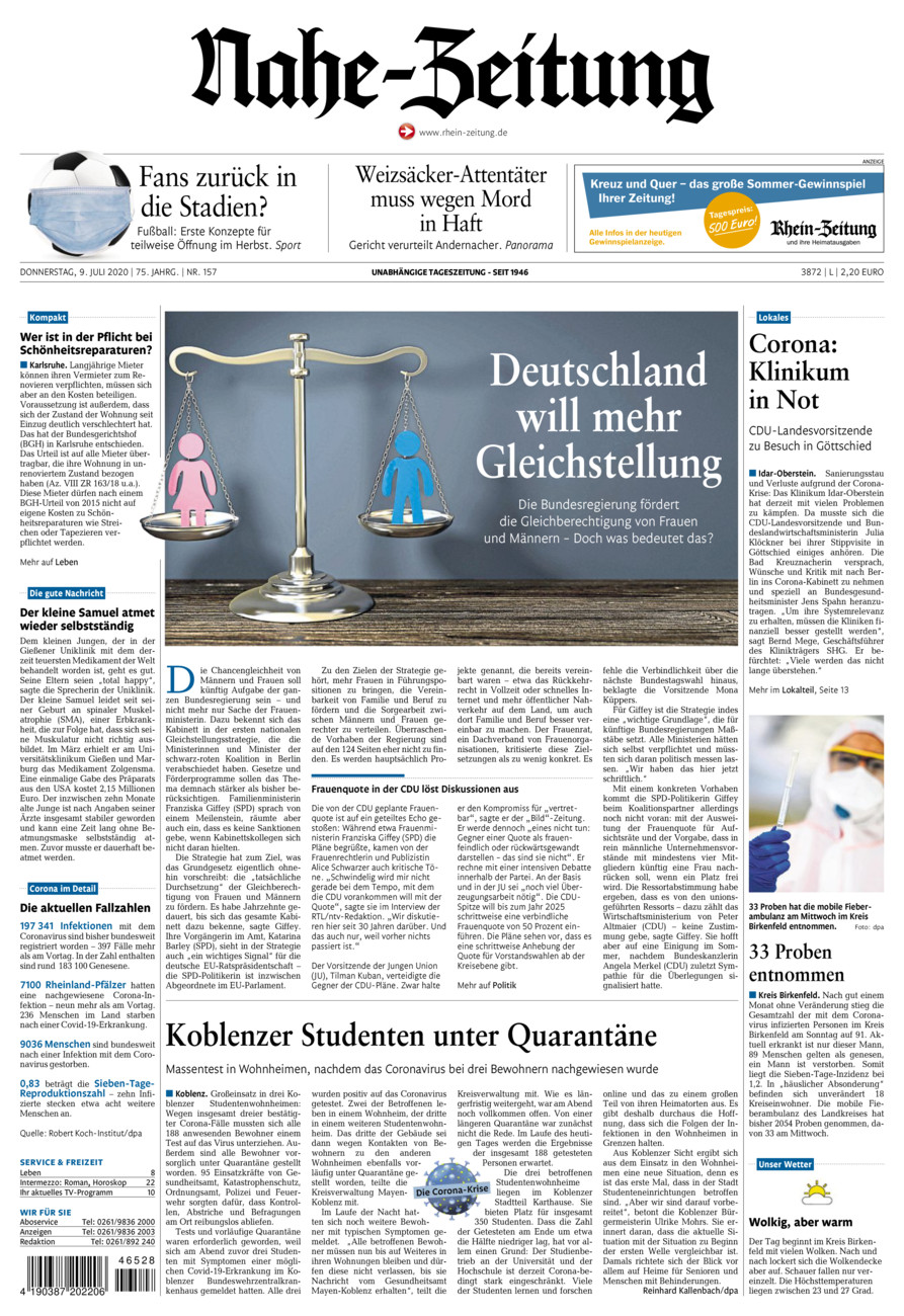 Nahe-Zeitung vom Donnerstag, 09.07.2020