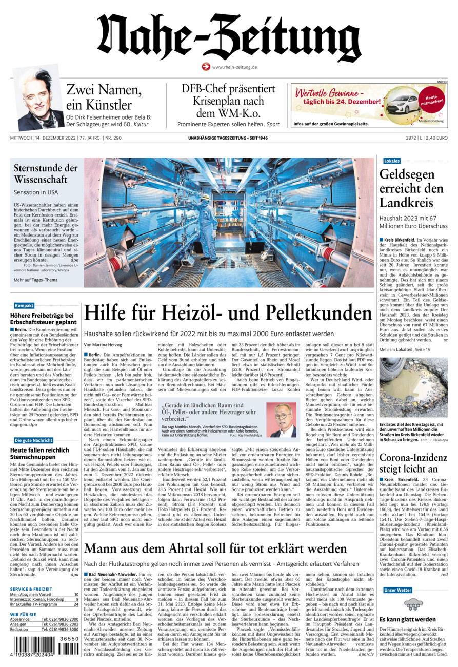 Nahe-Zeitung vom Mittwoch, 14.12.2022