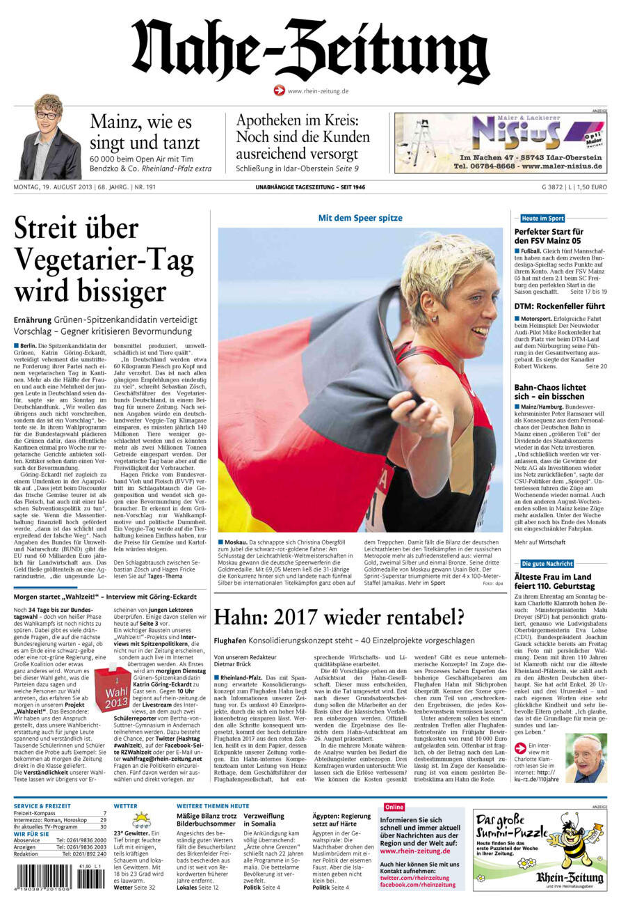 Nahe-Zeitung vom Montag, 19.08.2013