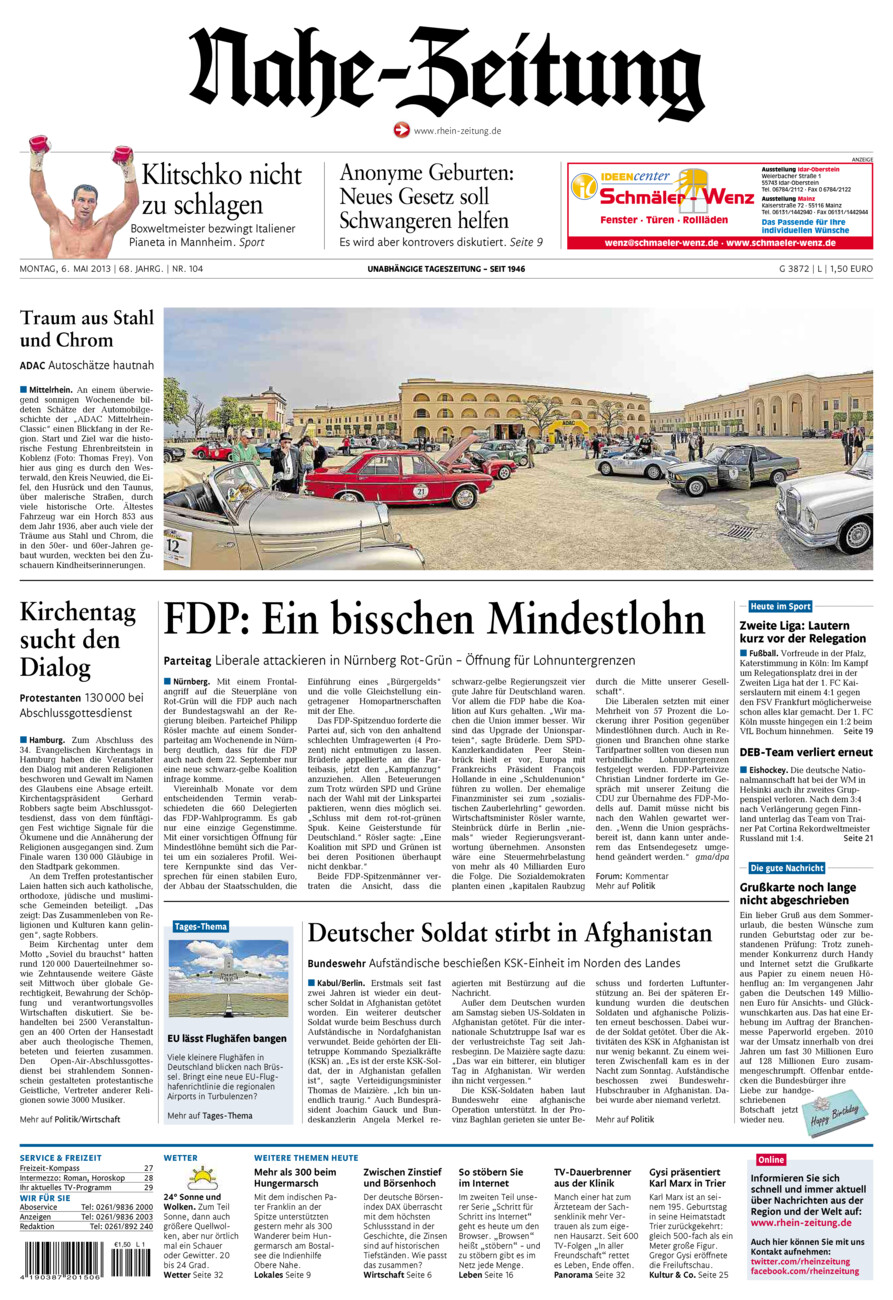 Nahe-Zeitung vom Montag, 06.05.2013