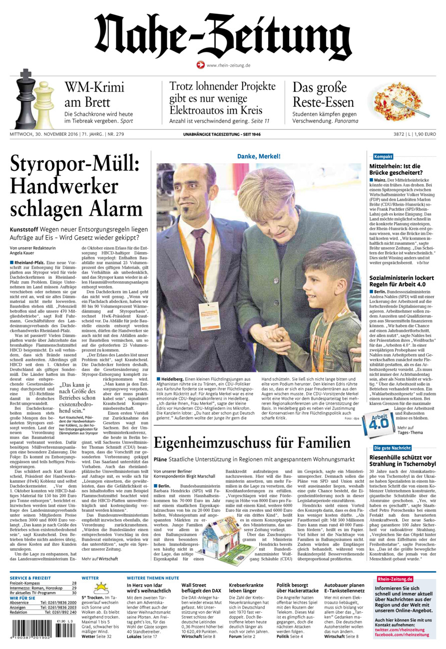 Nahe-Zeitung vom Mittwoch, 30.11.2016