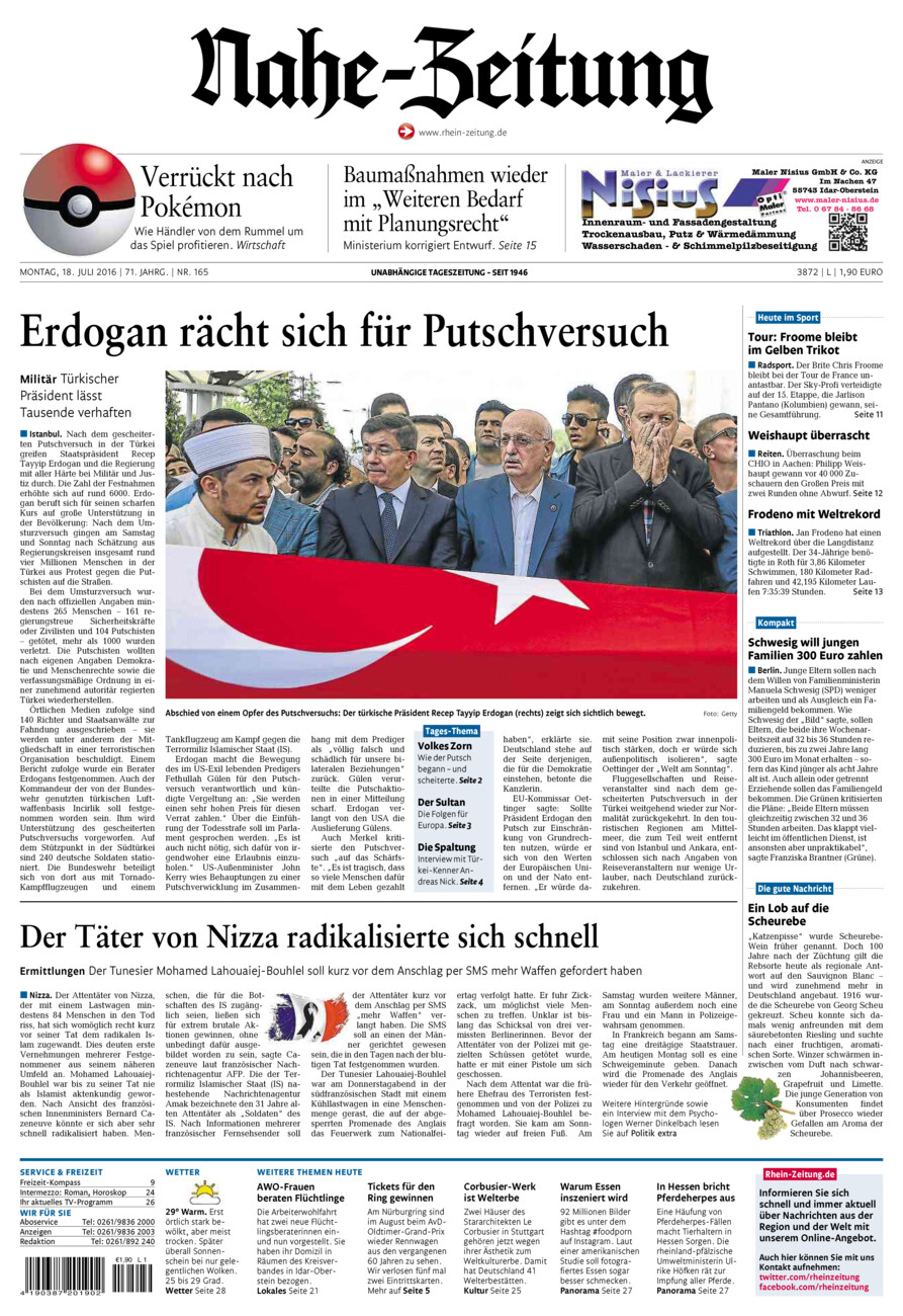 Nahe-Zeitung vom Montag, 18.07.2016