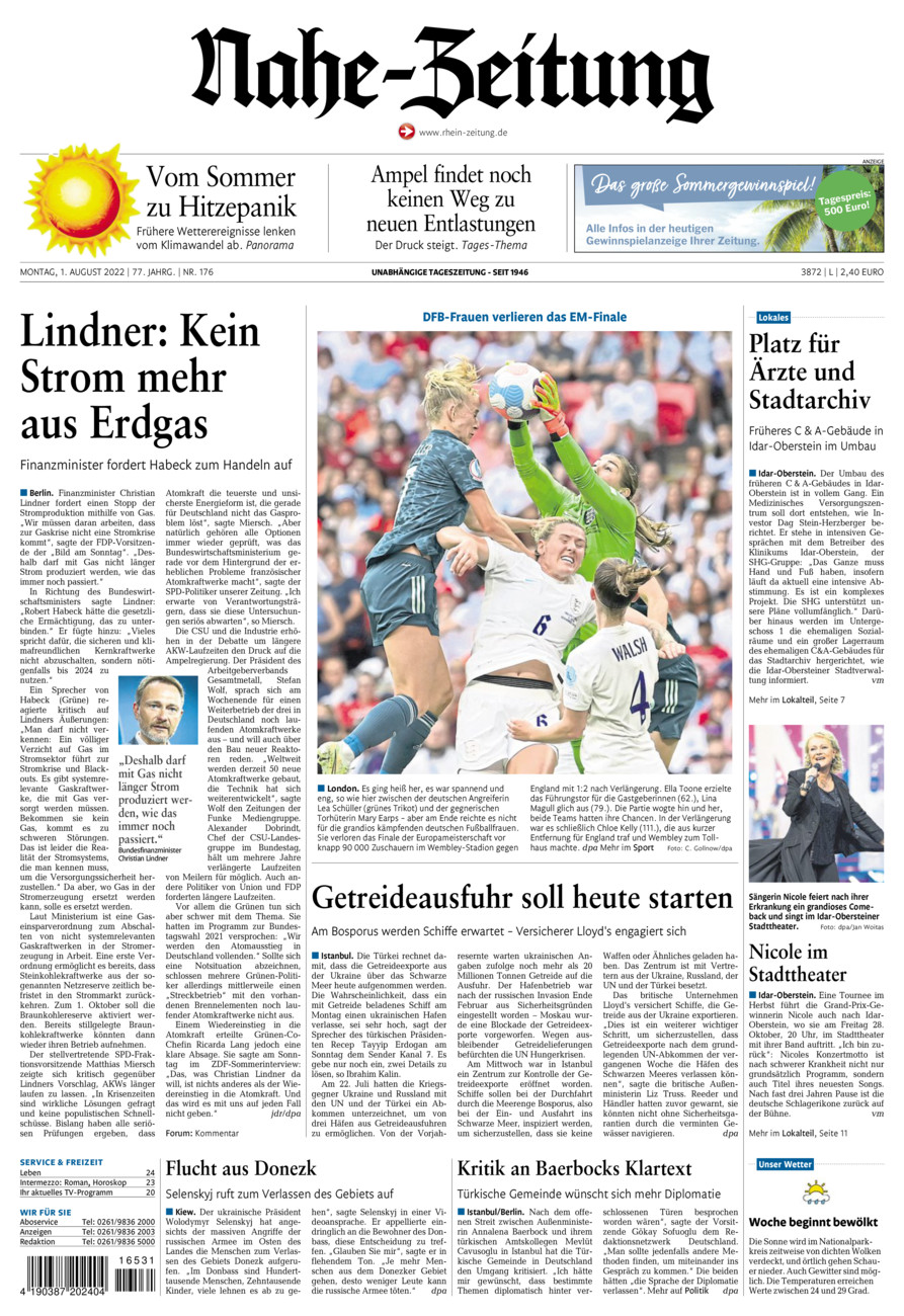 Nahe-Zeitung vom Montag, 01.08.2022