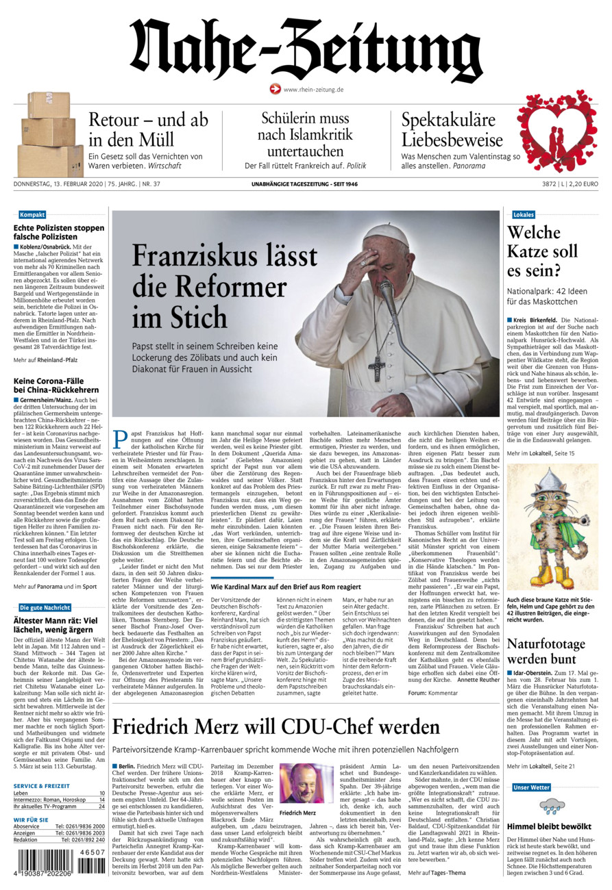 Nahe-Zeitung vom Donnerstag, 13.02.2020
