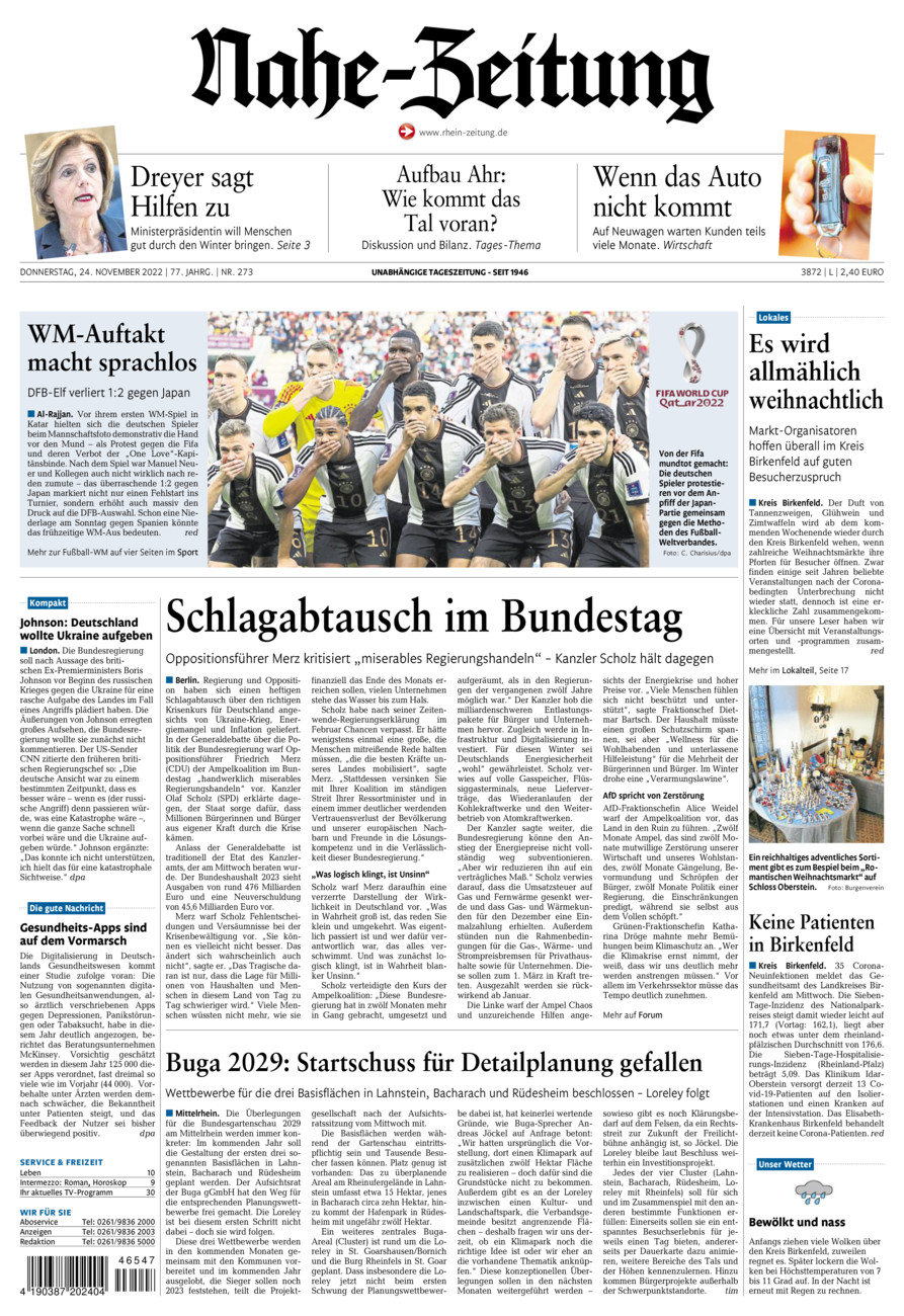 Nahe-Zeitung vom Donnerstag, 24.11.2022