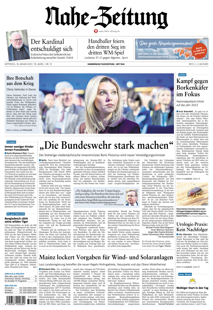 Nahe-Zeitung vom Mittwoch, 18.01.2023