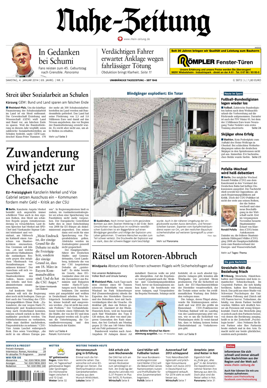 Nahe-Zeitung vom Samstag, 04.01.2014