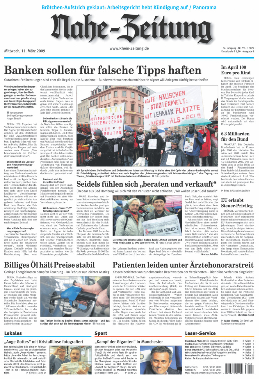 Nahe-Zeitung vom Mittwoch, 11.03.2009