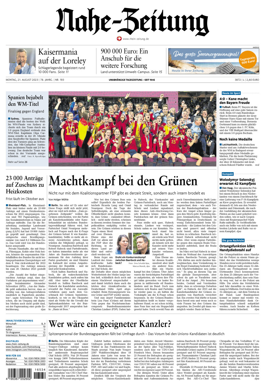Nahe-Zeitung vom Montag, 21.08.2023