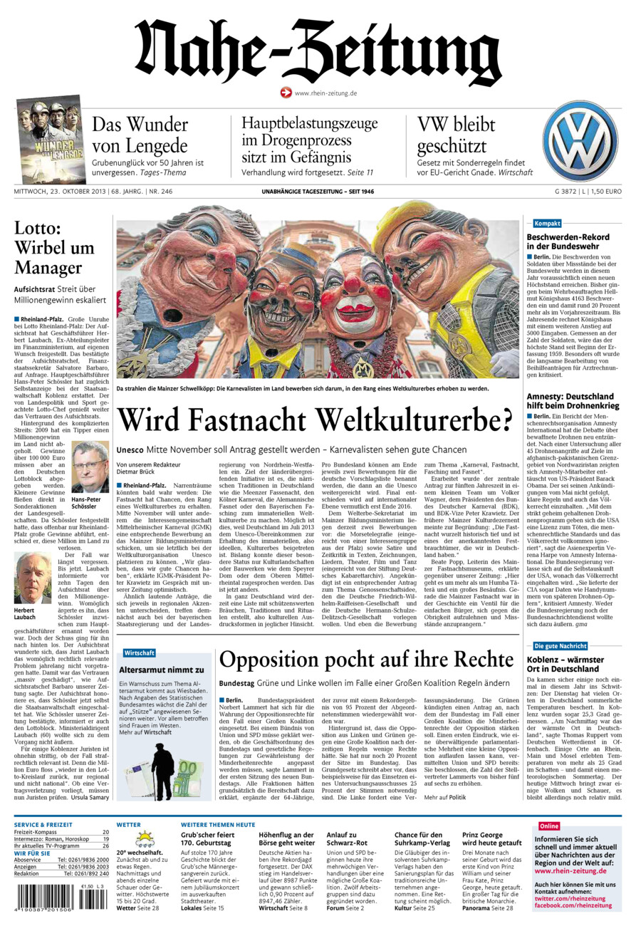 Nahe-Zeitung vom Mittwoch, 23.10.2013