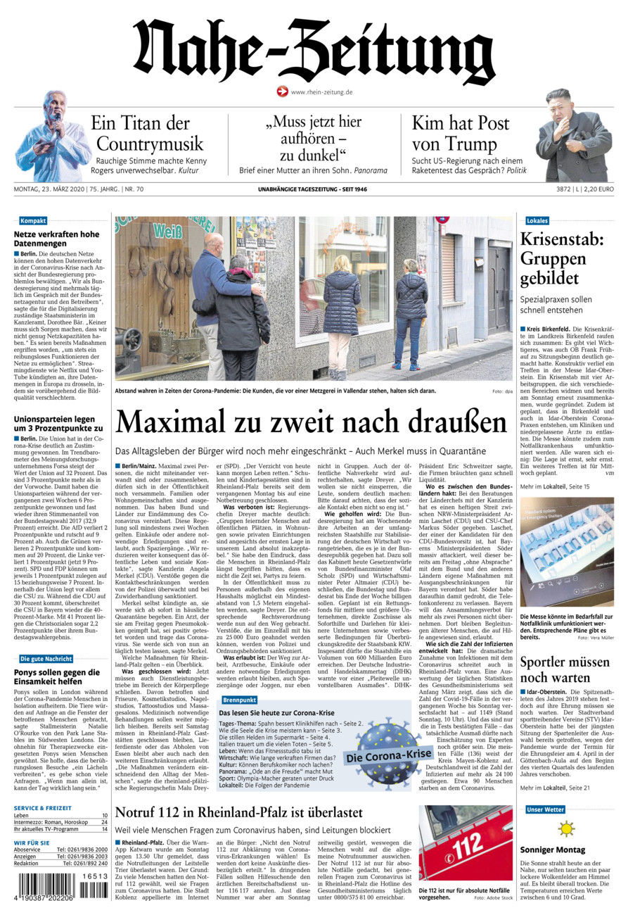 Nahe-Zeitung vom Montag, 23.03.2020