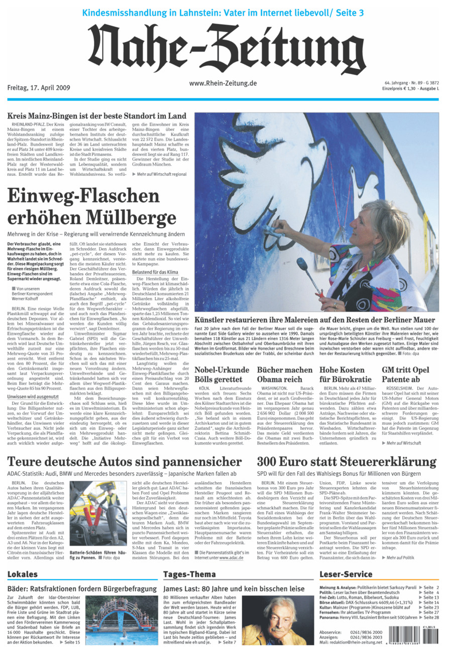 Nahe-Zeitung vom Freitag, 17.04.2009
