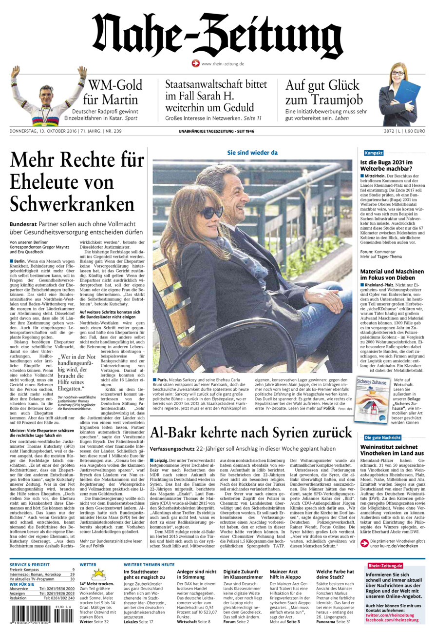 Nahe-Zeitung vom Donnerstag, 13.10.2016