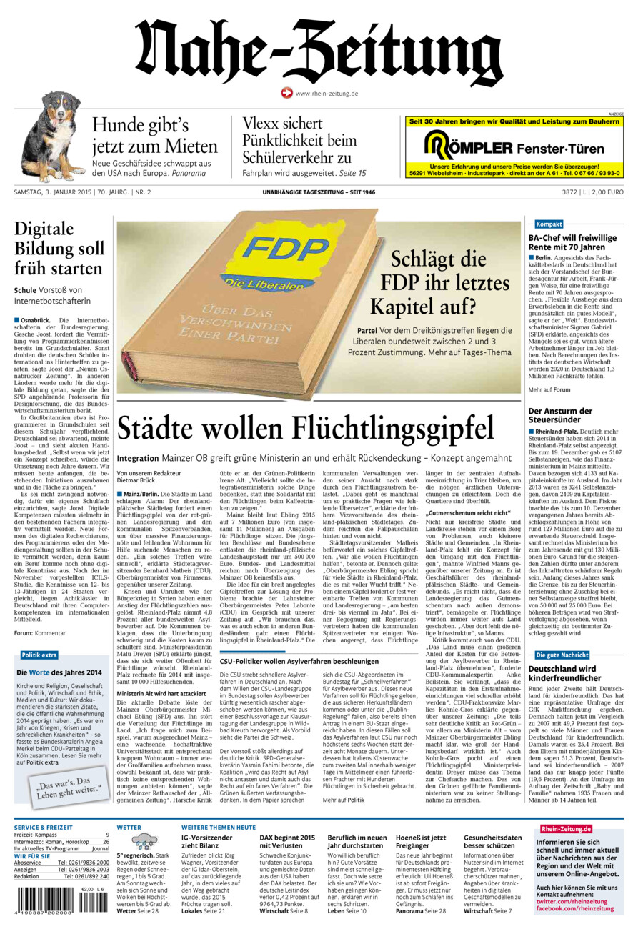 Nahe-Zeitung vom Samstag, 03.01.2015