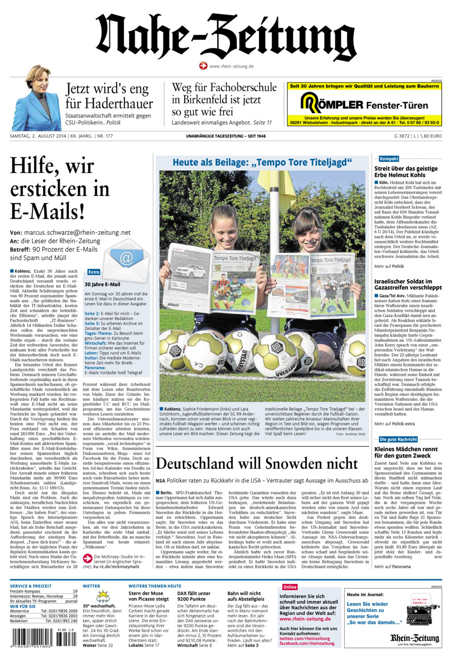 Nahe-Zeitung vom Samstag, 02.08.2014