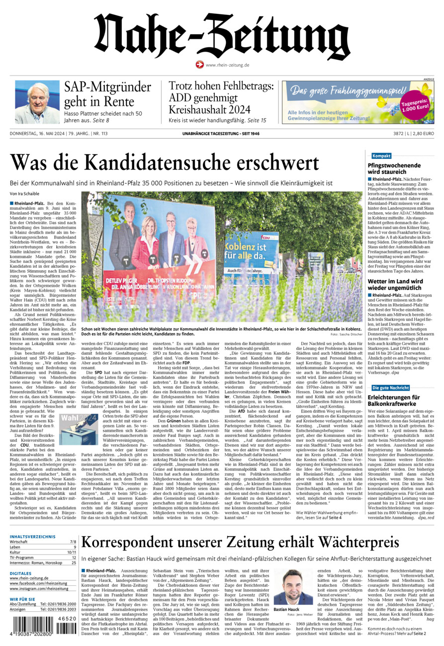 Nahe-Zeitung vom Donnerstag, 16.05.2024