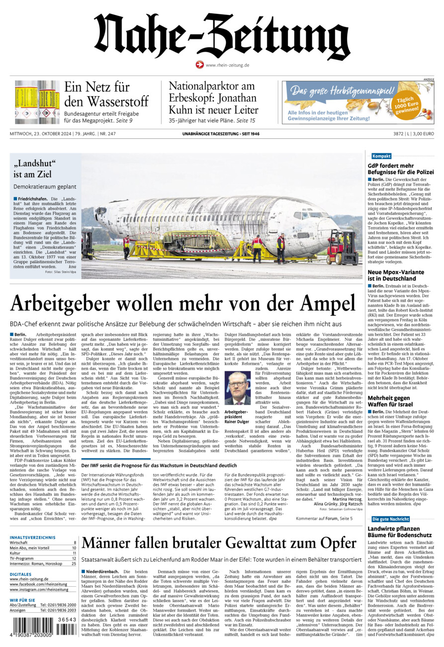 Nahe-Zeitung vom Mittwoch, 23.10.2024