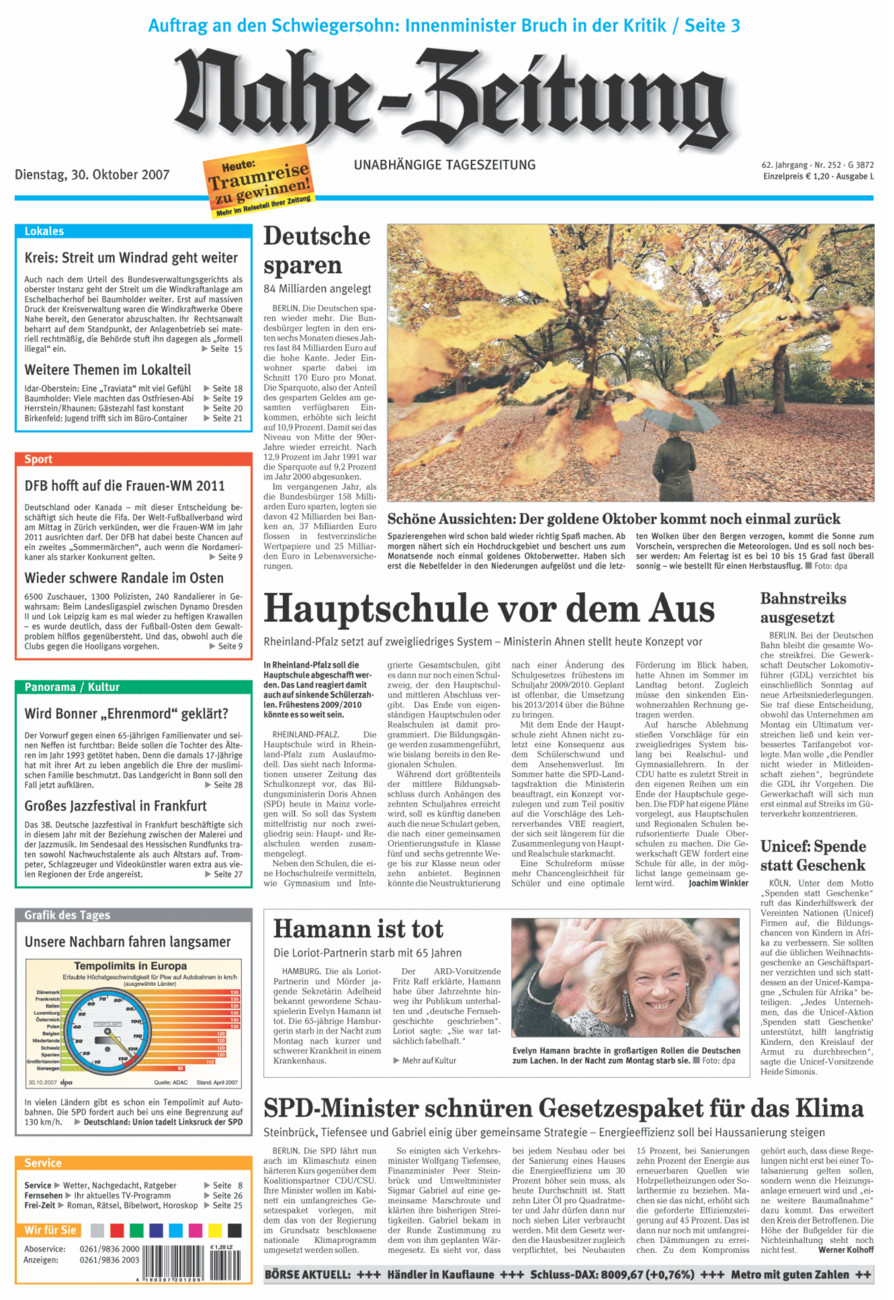 Nahe-Zeitung vom Dienstag, 30.10.2007